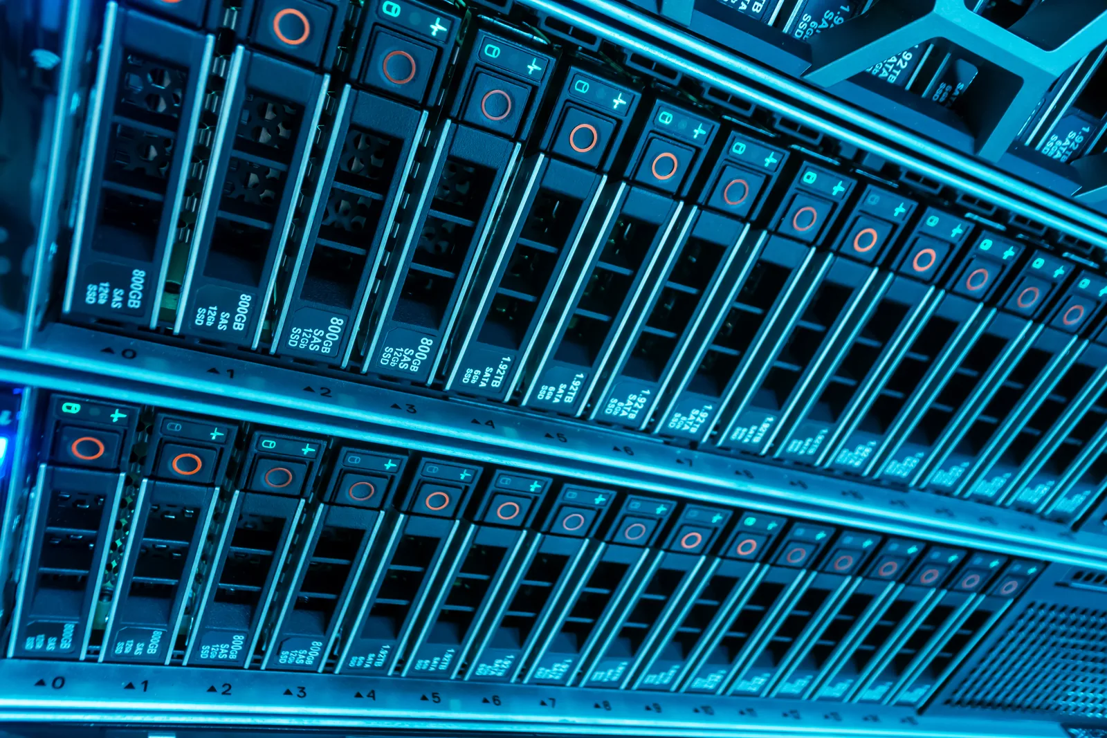 Close-up of enterprise SSD drives in an ADhostCo dedicated server